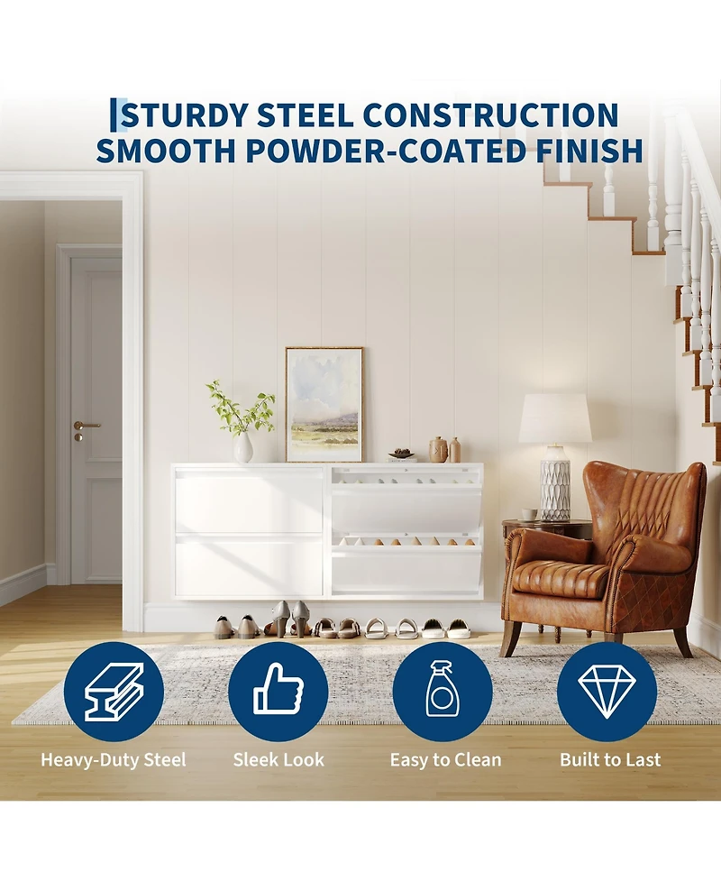 31.5 x 6 x 28 in 2-Tier Flip Shoe Cabinet, Metal Entryway Storage Organizer, Narrow Slim Design for Hallway Living Room, Grey/White