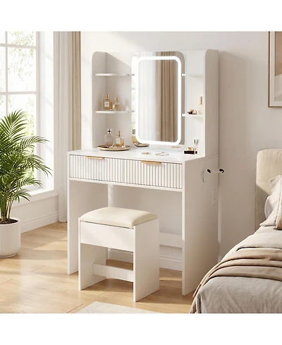 Compact Lighted Vanity Desk with Mirror, Led Lighting and Matching Stool, Built-In Charging Station and Jewelry Storage, Dressing Table for Bedroom