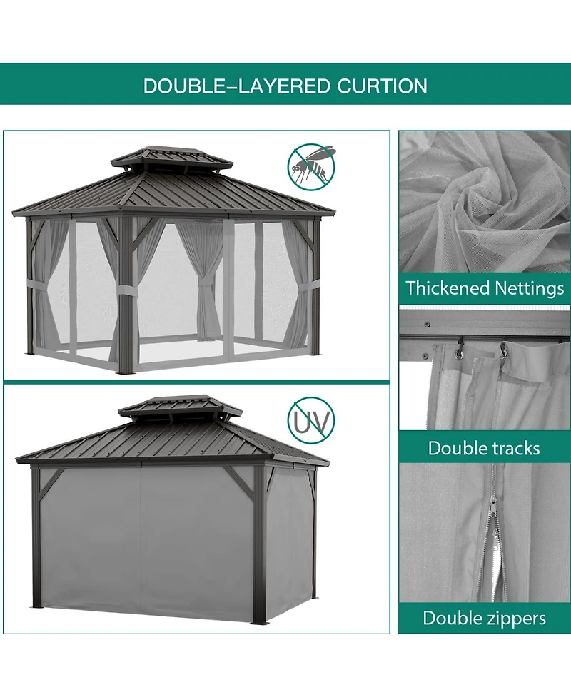 10x10 Ft Double Roof Gazebo, Heavy Duty Steel Frame with Gray Fabric Canopy and Black Mesh for Patio Backyard Outdoor Gatherings, Gray