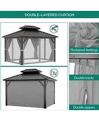 10x10 Ft Double Roof Gazebo, Heavy Duty Steel Frame with Gray Fabric Canopy and Black Mesh for Patio Backyard Outdoor Gatherings, Gray