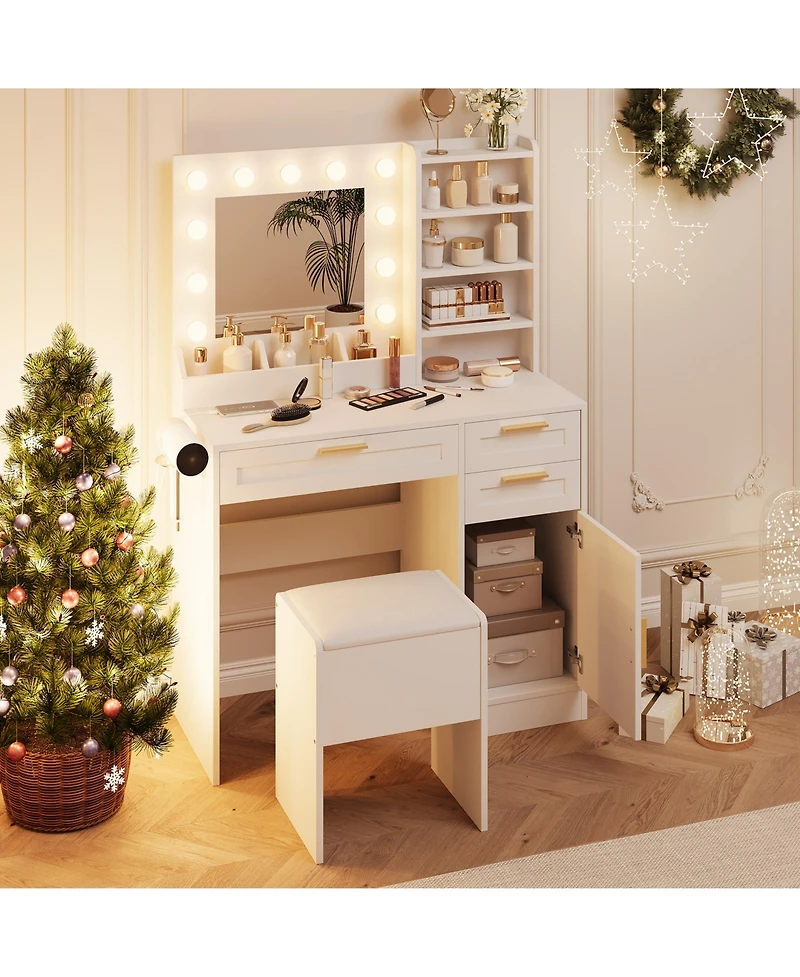Vanity Desk Mirror and Led Lights, 3 Drawers, Cabinet, Cushioned Chair, Adjustable Brightness, Power Outlet, Hairdryer Holder, Bedroom Small Spaces