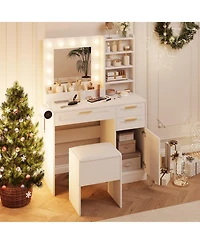 Vanity Desk Mirror and Led Lights, 3 Drawers, Cabinet, Cushioned Chair, Adjustable Brightness, Power Outlet, Hairdryer Holder, Bedroom Small Spaces