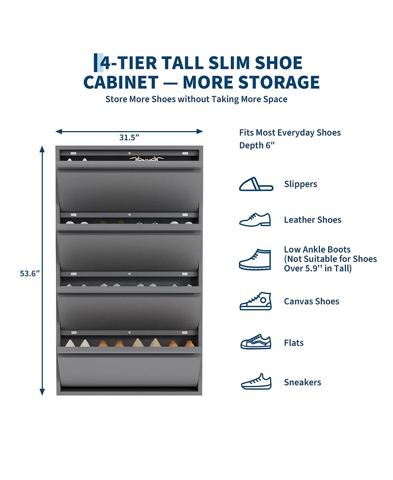 31.5x6x54 in 4-Tier Flip Shoe Cabinet, Metal Entryway Storage Organizer with Doors, Narrow Slim Design for Hallway Living Room, Grey/White