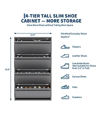 31.5x6x54 in 4-Tier Flip Shoe Cabinet, Metal Entryway Storage Organizer with Doors, Narrow Slim Design for Hallway Living Room, Grey/White