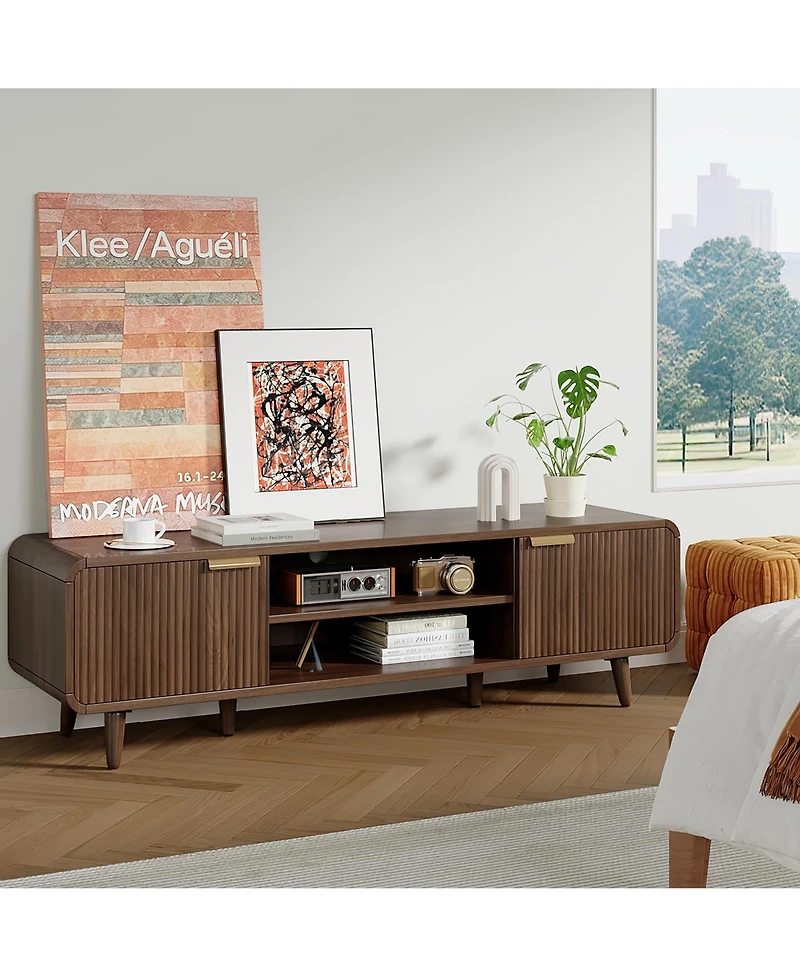 Mid-Century Media Console with Fluted Panel Doors, Adjustable Inner Shelves, Low Profile Tv Stand for TVs Up to 65 Inch for Living Room, Bedroom