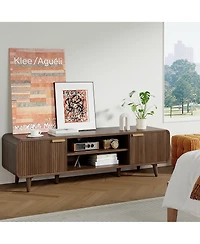 Mid-Century Media Console with Fluted Panel Doors, Adjustable Inner Shelves, Low Profile Tv Stand for TVs Up to 65 Inch for Living Room, Bedroom