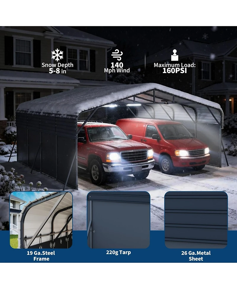 20' x 20' Hardtop Carport with Steel Roof and Solar Light, Heavy Duty Vehicle Shelter for Parking Patio Driveway, Dark Gray