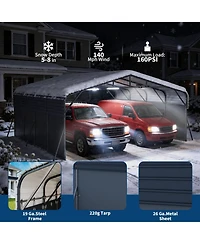 20' x 20' Hardtop Carport with Steel Roof and Solar Light, Heavy Duty Vehicle Shelter for Parking Patio Driveway, Dark Gray