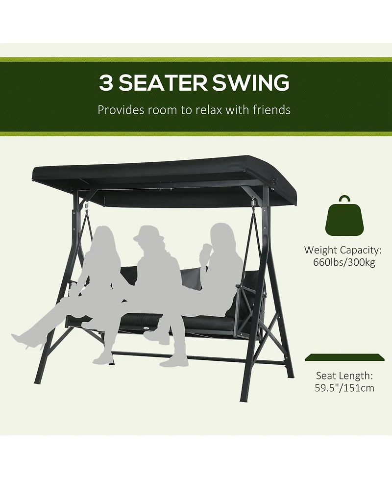 Outsunny 3-Seat Patio Swing Chair, Outdoor Canopy Swing Glider with Cushion with 3 Throw Pillows & Adjustable Shade for Porch, Garden, Poolside, Backy