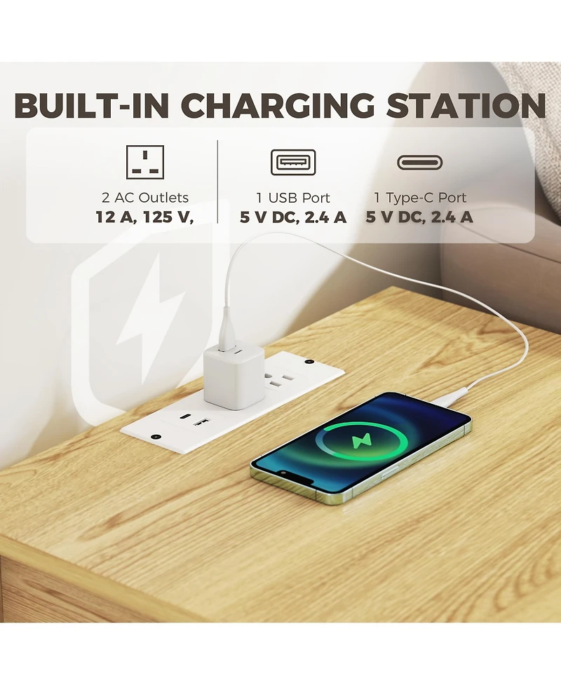 Homcom End Table Set of 2 with Charging Station, Bed Side Tables, Natural