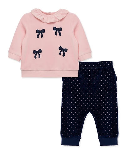 Little Me Baby Girls' Chenille Bows Velour Top and Dot Print Pants, 2-Piece Set