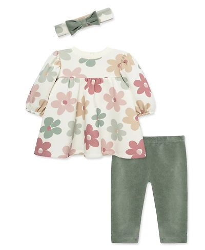 Little Me Baby Girls' Floral Print Sweatshirt Dress, Pants and Headband, 3-Piece Set