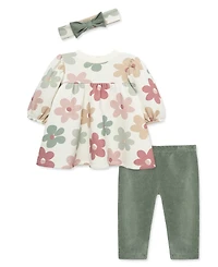 Little Me Baby Girls' Floral Print Sweatshirt Dress, Pants and Headband, 3-Piece Set