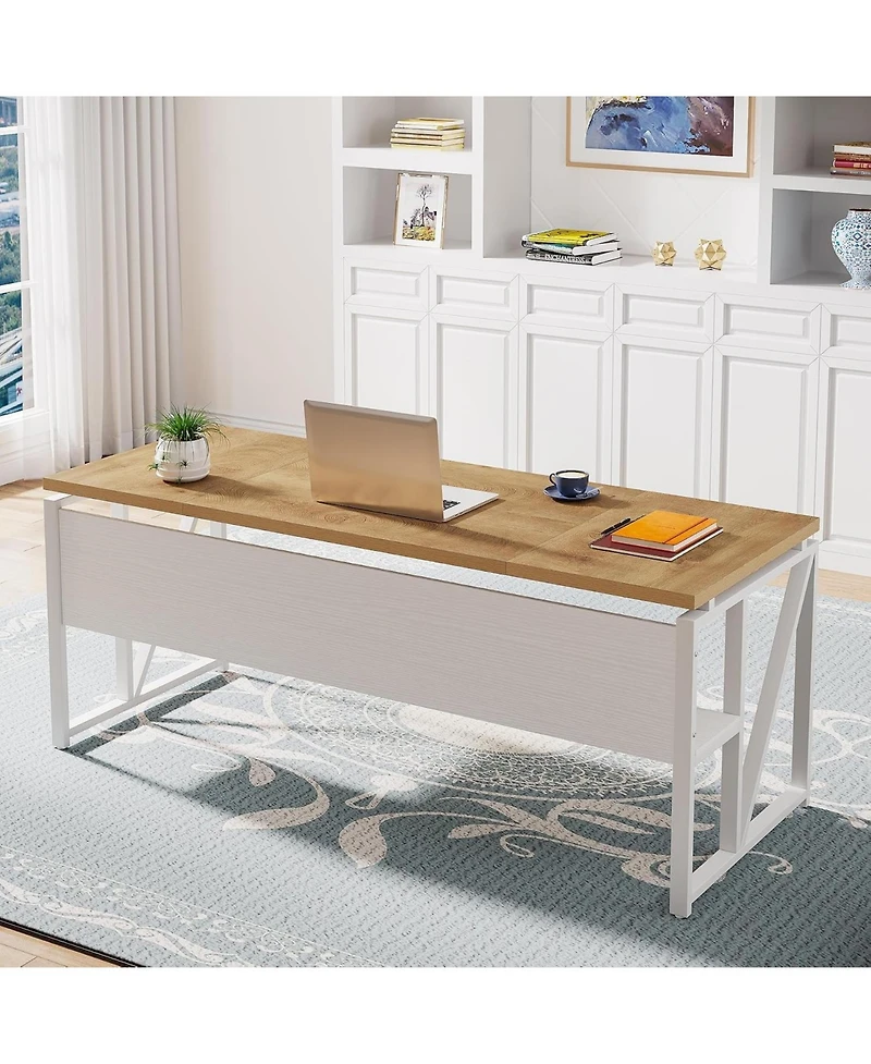 Tribesigns 63" Computer Desk with Bottom Shelf, Light Oak