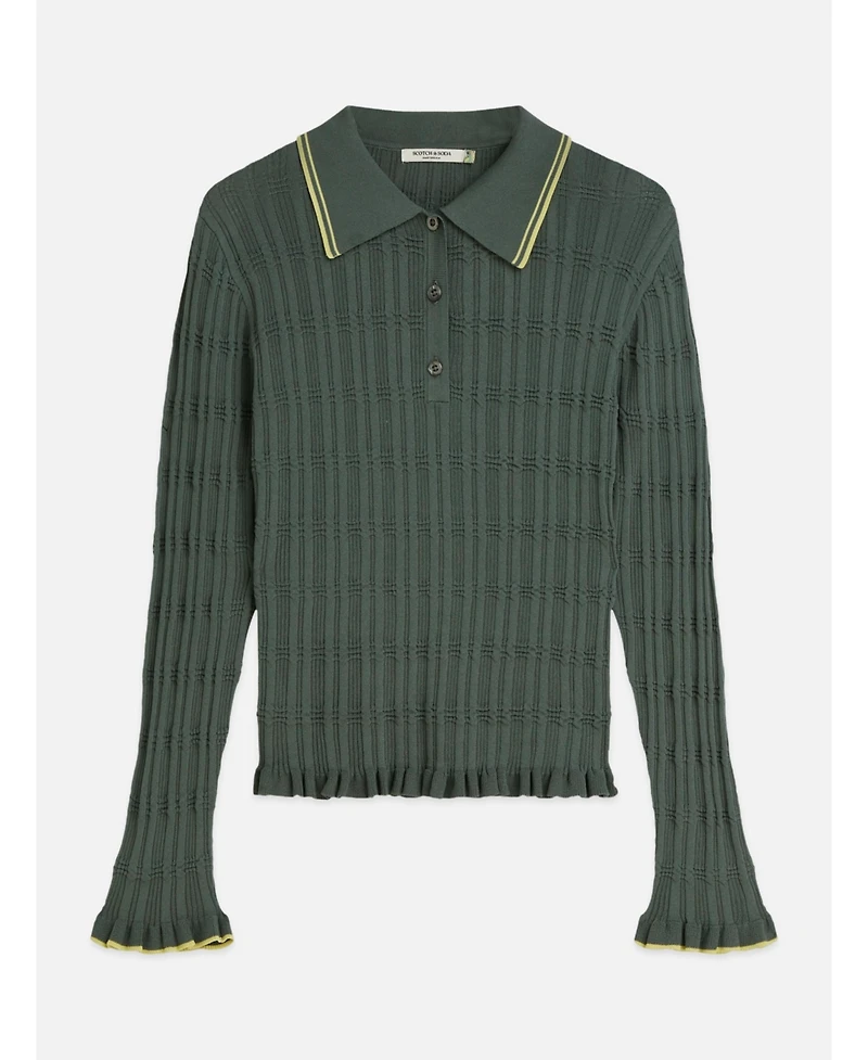 Scotch & Soda Women's Long-Sleeve Ripple Stitch Polo-Neck Ruffle-Trim Pullover