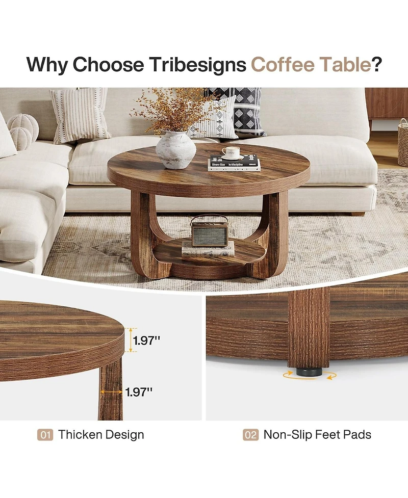 Tribesigns Round Coffee Table, 2-Tier Circle Coffee Table with Storage, Thick Tabletop and Base