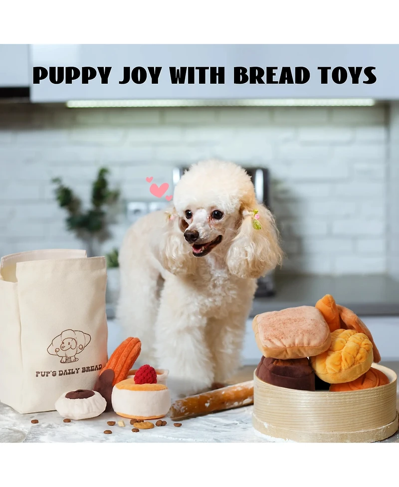 Nocciola 10 Pack Bread Dog Toy Set with Grocery Bag, Cute Crinkle Squeaky Plush Toys, Hide and Seek Enrichment Toy for Small to Medium Dogs