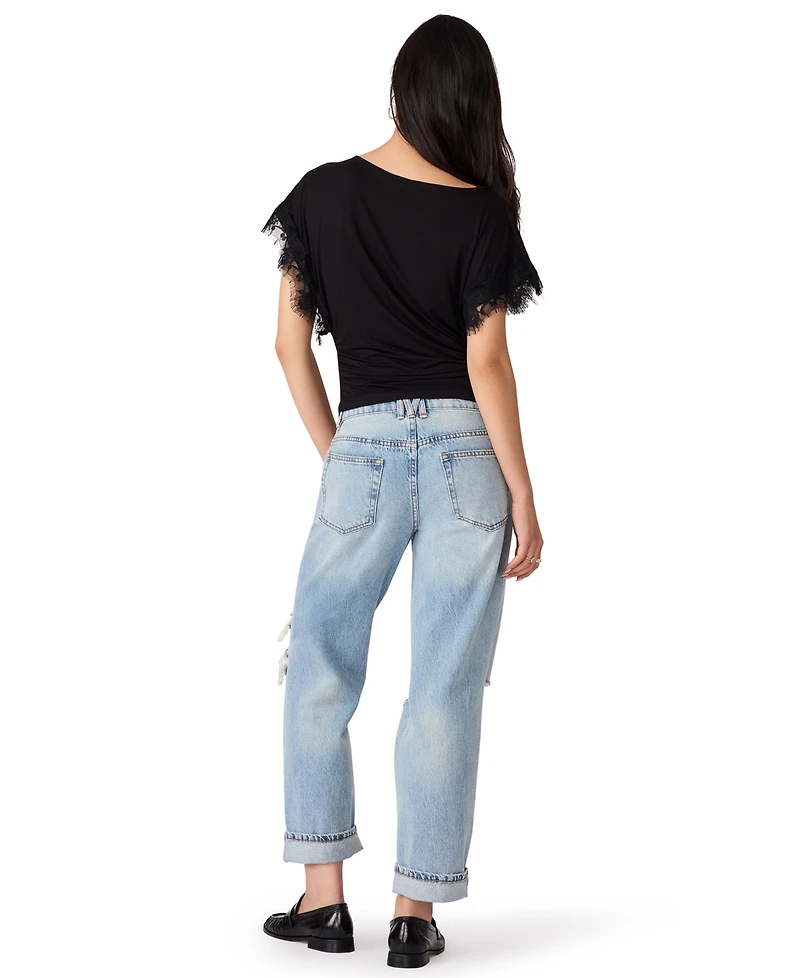 Steve Madden Women's Paloma Lace Boat Neck Short-Sleeve Knit Top