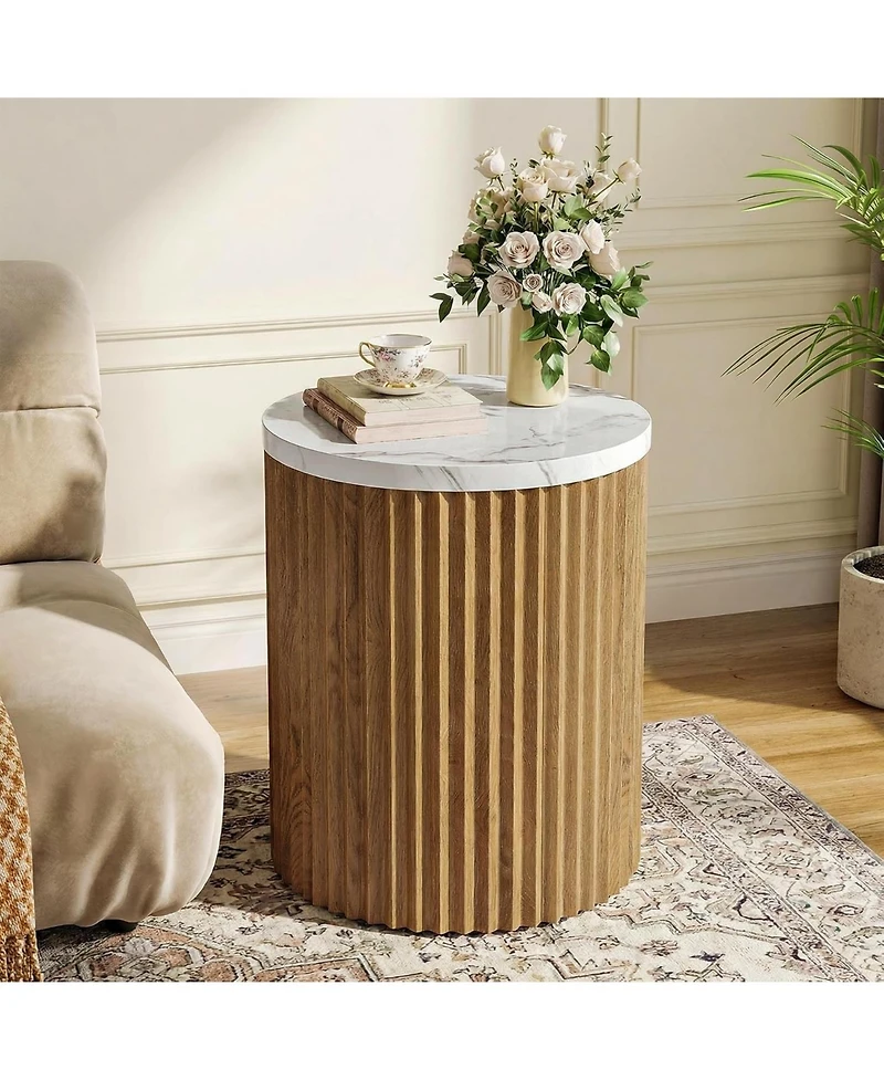 Tribesigns End Table, 23.6-Inch Tall Round Side Table with Faux Marble Tabletop, Drum Shape