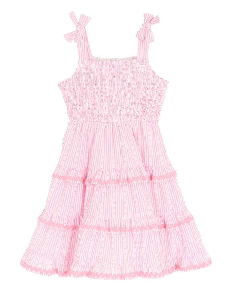 Rare Editions Girls' 4T-6X Yarn Dye Stripe Smocked Bodice Tie Shoulder Tiered Dress