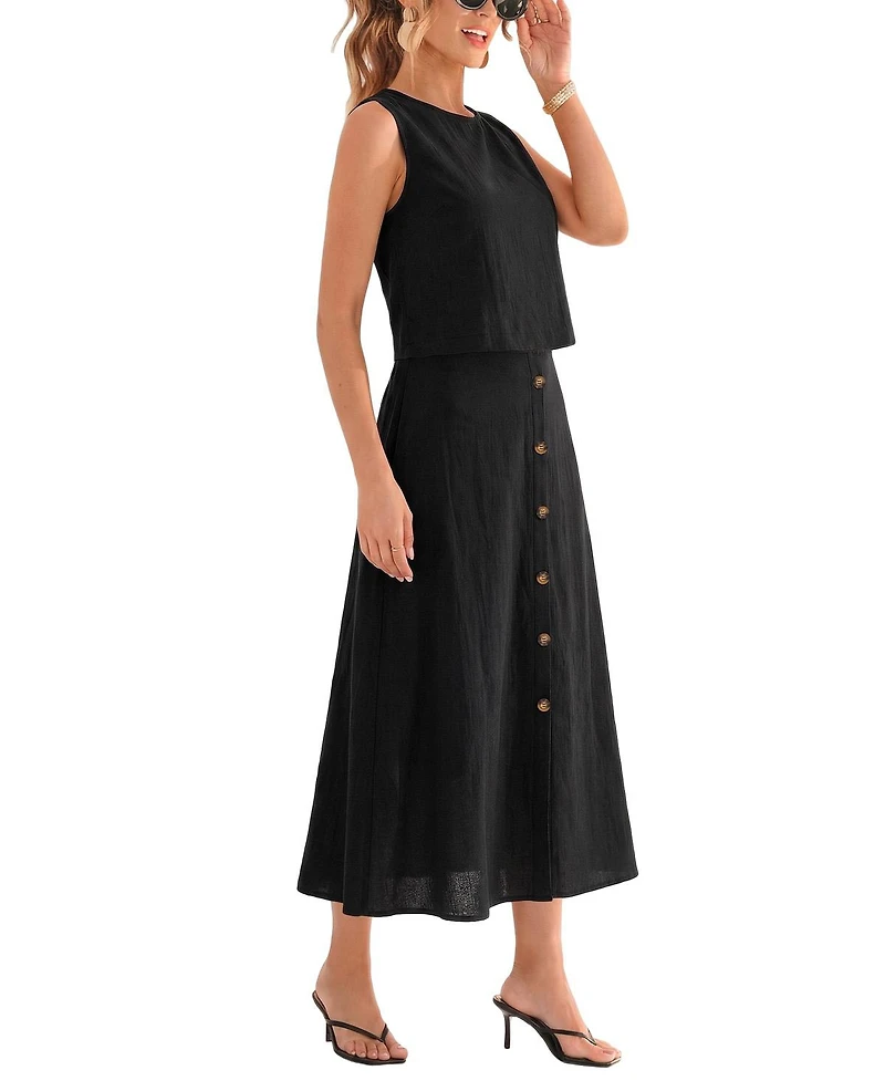 Cupshe Women's Crew Neck Button Skirt Set