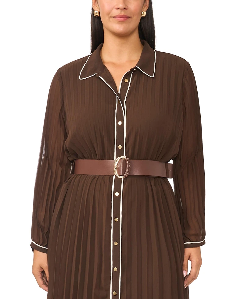 Vince Camuto Plus Pleated Button-Up Long Sleeve Midi Dress