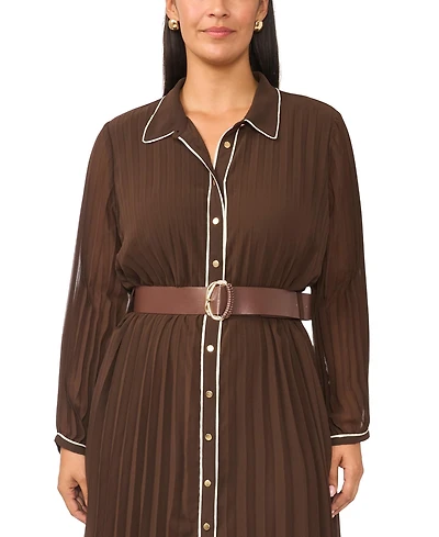 Vince Camuto Plus Pleated Button-Up Long Sleeve Midi Dress
