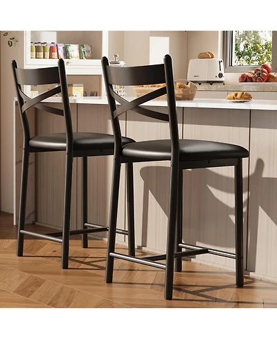 homfan Set of 2 Bar Stools Counter Height Pu Upholstered Seat Metal Frame Kitchen Bar Chairs with X-Design Back and Footrest for Island Counter