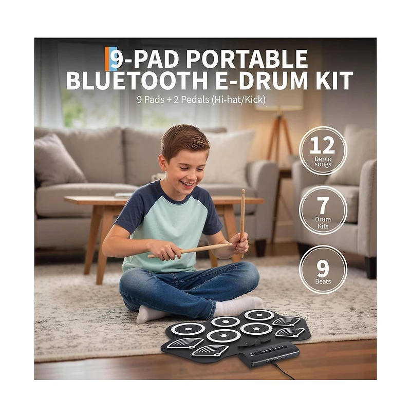 homfan Roll-Up Electronic Drum Kit Bluetooth Midi 9-Pad, Ages 10+