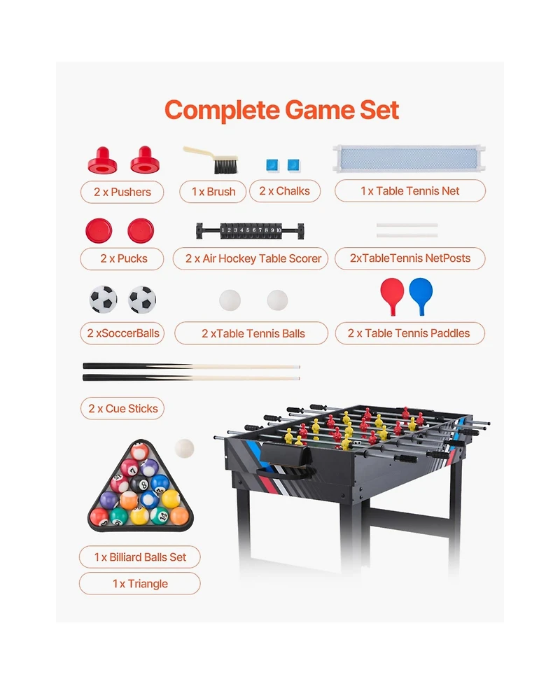 Sevorley 4-in-1 Combo Game Table, 48" Air Hockey, Pool, Foosball, Table Tennis