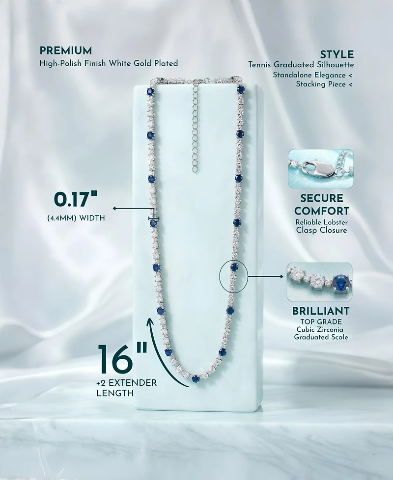 White Gold Plated Clear or Blue Sparkling Cubic Zirconia Tennis Chain Necklace
