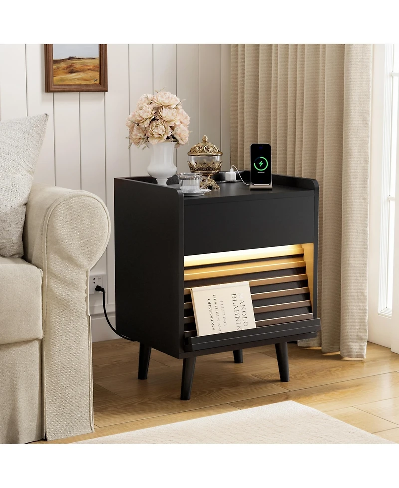 Hausource Modern 2-Drawer Nightstand with Rgb Led Lights and Built-In Charging Power Station