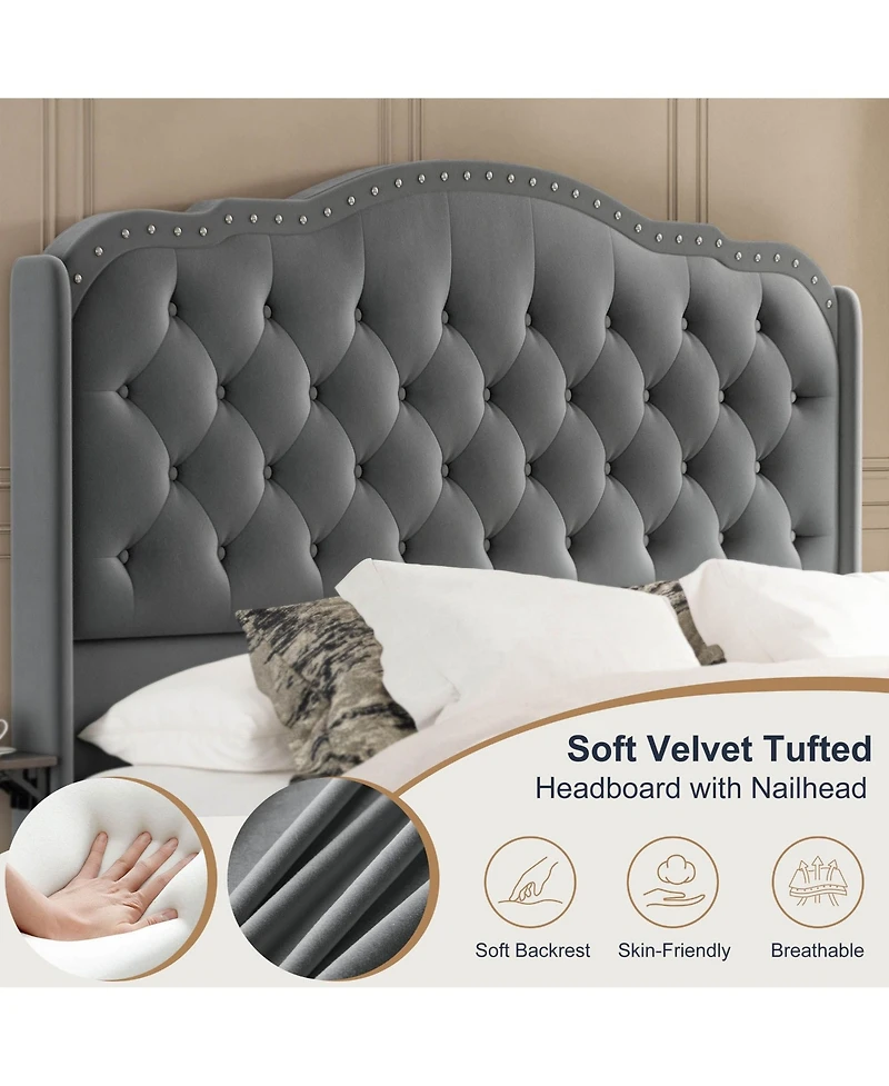 Hausource Velvet Wingback Upholstered Full Platform Bed, 4 Underbed Storage Drawers and 2 Retractable Side Tables, No Box Spring Required