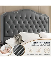 Hausource Velvet Wingback Upholstered Full Platform Bed, 4 Underbed Storage Drawers and 2 Retractable Side Tables, No Box Spring Required