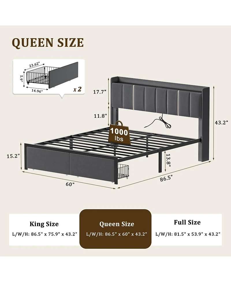 Hausource Upholstered Bed, Open Storage Headboard with Charging Ports, 2 Bed Base Drawers