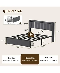 Hausource Upholstered Bed, Open Storage Headboard with Charging Ports, 2 Bed Base Drawers