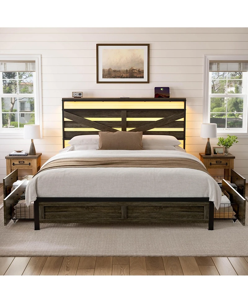 Hausource Queen Farmhouse Storage Platform Bed, Barn Door Headboard with Led and Charging Station, 4 Rolling Drawers, No Box Spring Needed