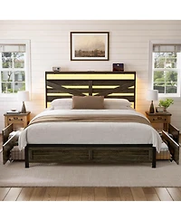 Hausource Queen Farmhouse Storage Platform Bed, Barn Door Headboard with Led and Charging Station, 4 Rolling Drawers, No Box Spring Needed
