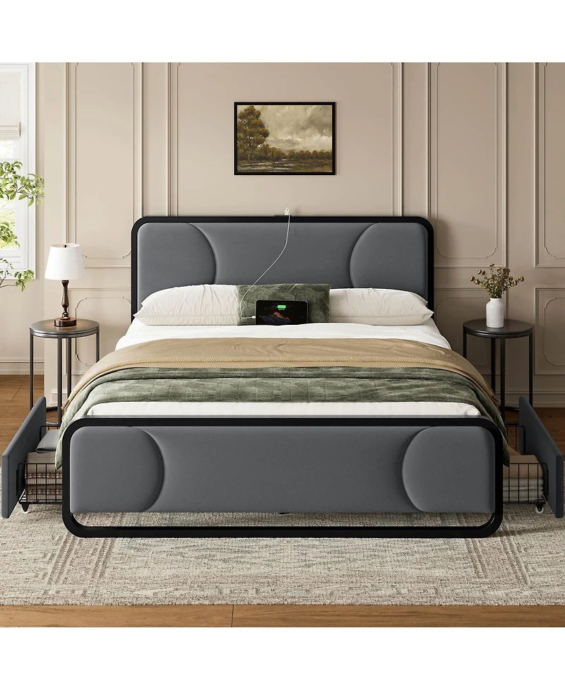 Hausource Curved Tufted Velvet Platform Bed, 4-Position Movable Drawers, Bedside Charging Station
