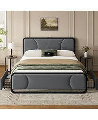 Hausource Curved Tufted Velvet Platform Bed, 4-Position Movable Drawers, Bedside Charging Station