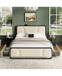 Hausource Curved Tufted Velvet Platform Bed, 4-Way Placeable Underbed Drawers, Bedside Charging Station