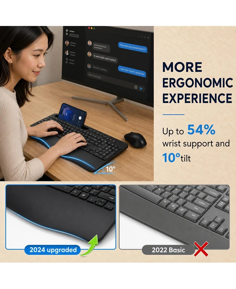 Lofree Wireless Silent-Typing Ergonomic Keyboard and Mouse Combo, Compatible with Pc and Mobile Devices