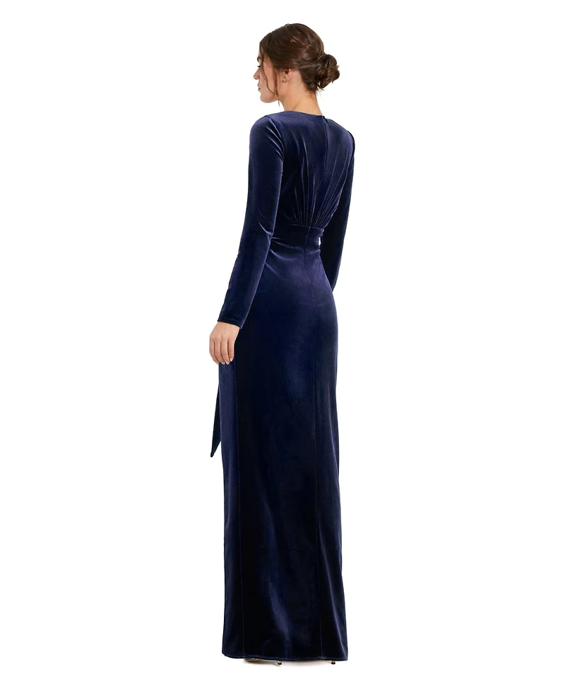 Mac Duggal Women's Velvet Long Sleeve Wrap Gown with Draped Sash
