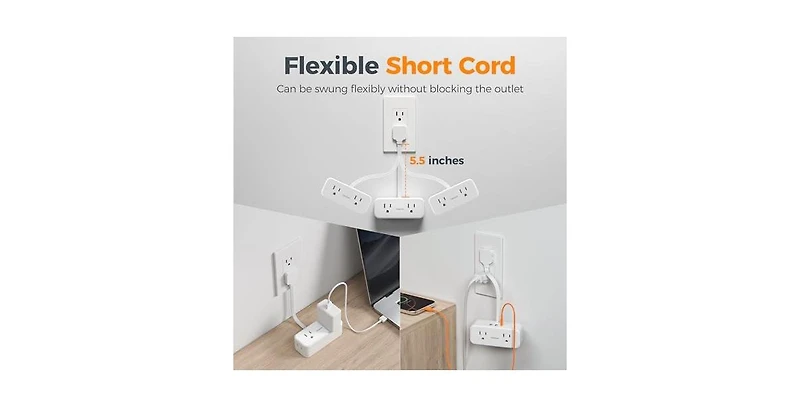 Tessan Wall Outlet Extender with 0.5Ft, 1 Usb C, 2 Usb A for Home, Office and Travel
