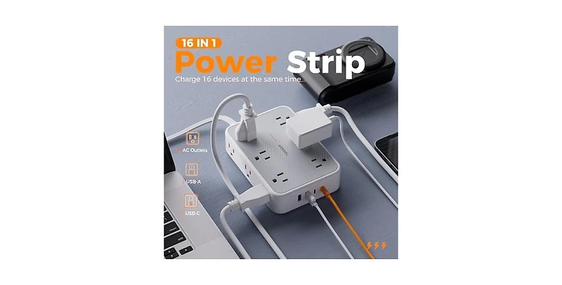 Tessan Wall Outlet Extender with 10FT, 12 Outlet, 2 Usb-c for Home, Office and Travel