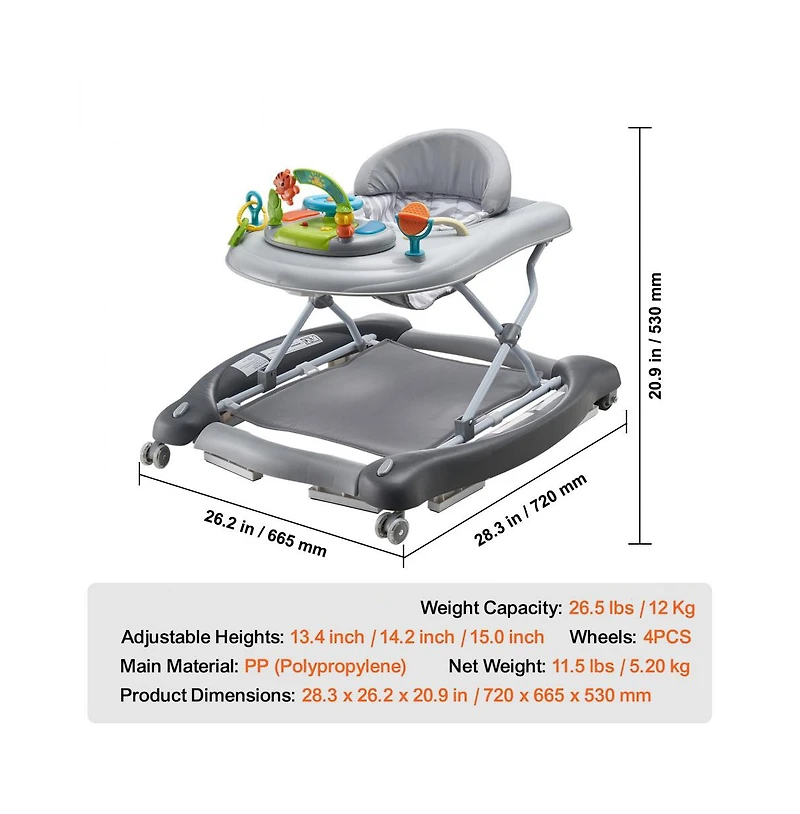 Slickblue 4-in-1 Baby Activity Walker with Toys and Music, Foldable Learning Walker, Walk-Behind Design