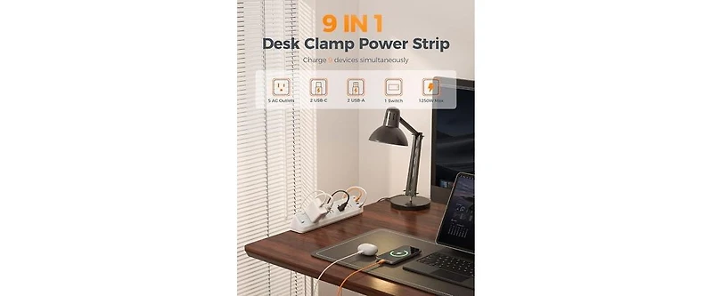 Tessan PS06 Surge Protector Desk Clamp 10-Foot Power Strip with 5 Outlets and 2 Usb-c Ports for phones, tablets and personal devices