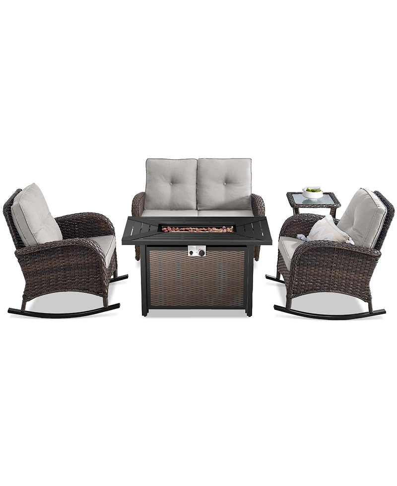 Bellefurn 5-Piece Outdoor Wicker Fire Pit Conversation Set for Cozy Backyard Evenings with Glider Loveseat and Rocking Chairs