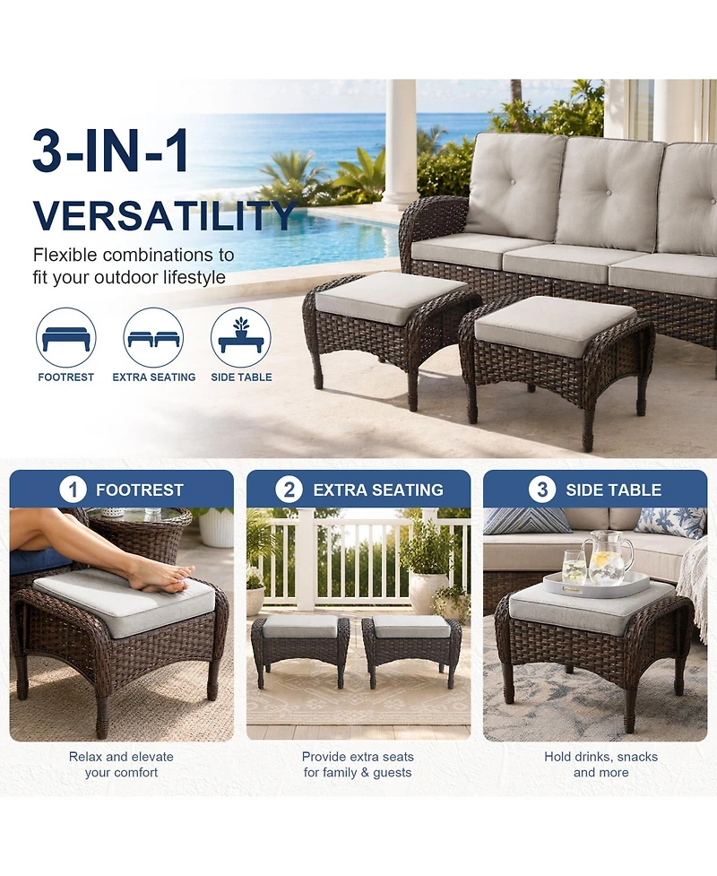 Bellefurn 7-Piece Outdoor Wicker Nighttime Conversation Set for Family Gatherings and Cozy Backyard Nights with Sofa, Rocking Chairs Ottomans