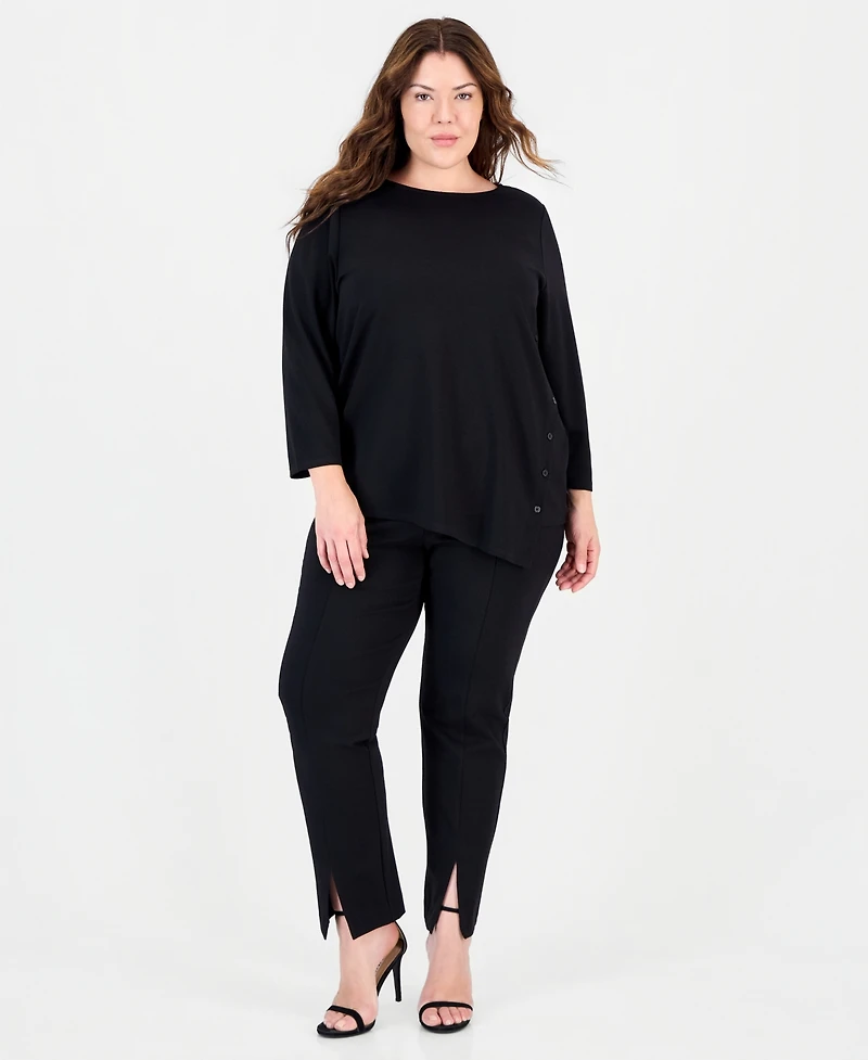 Anne Klein Essentials Plus Asymmetrical Button Serenity Knit 3/4-Sleeve Boat-Neck Tunic